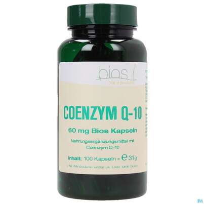 Sie sehen eine Packung Bios Coenzym Q-10 60mg 100 Kapseln, Produktbild: 01 Bios Coenzym Q-10 60mg 100 Kapseln, A-Nr.: 3892855 - 01