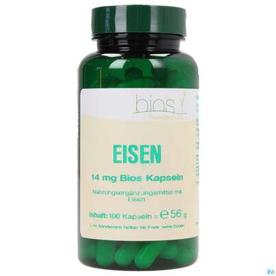 Sie sehen eine Packung Bios Eisen 14mg 100 Kapseln, Produktbild: 02 Bios Eisen 14mg 100 Kapseln, A-Nr.: 3891100 - 02