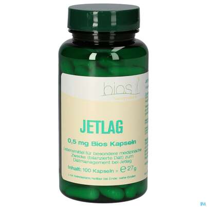 Sie sehen eine Packung Bios Jetlag 0.5mg 100 Kapseln, Produktbild: 02 Bios Jetlag 0.5mg 100 Kapseln, A-Nr.: 4246904 - 02
