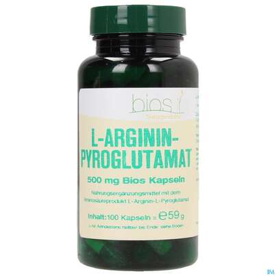 Sie sehen eine Packung Bios l-argininpyroglutamat 500mg 100 Kapseln, Produktbild: 02 Bios l-argininpyroglutamat 500mg 100 Kapseln, A-Nr.: 3891962 - 02
