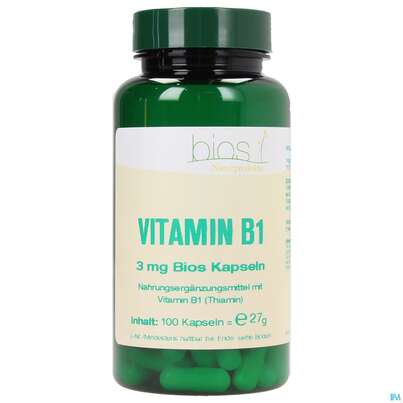 Sie sehen eine Packung Bios Vitamin B1 3mg 100 Kapseln, Produktbild: 02 Bios Vitamin B1 3mg 100 Kapseln, A-Nr.: 3893406 - 02