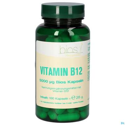 Sie sehen eine Packung Bios Vitamin B12 5000 μg 100 Kapseln, Produktbild: 02 Bios Vitamin B12 5000 μg 100 Kapseln, A-Nr.: 5581409 - 02