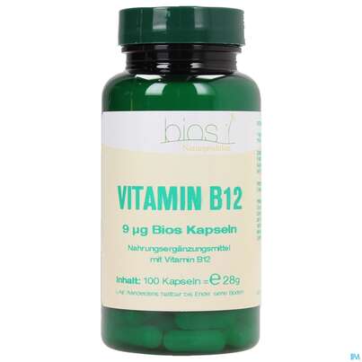 Sie sehen eine Packung Bios Vitamin B12 9µg 100 Kapseln, Produktbild: 01 Bios Vitamin B12 9µg 100 Kapseln, A-Nr.: 3893464 - 01