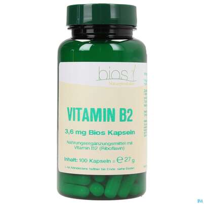 Sie sehen eine Packung Bios Vitamin B2 3,6mg 100 Kapseln, Produktbild: 02 Bios Vitamin B2 3,6mg 100 Kapseln, A-Nr.: 3893429 - 02