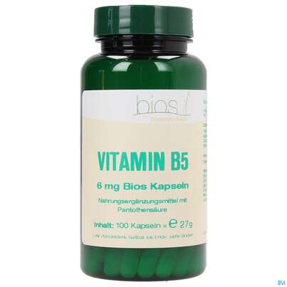 Sie sehen eine Packung Bios Vitamin B5 6mg 100 Kapseln, Produktbild: 01 Bios Vitamin B5 6mg 100 Kapseln, A-Nr.: 4246850 - 01