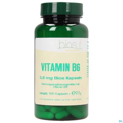 Sie sehen eine Packung Bios Vitamin B6 3,6mg 100 Kapseln, Produktbild: 02 Bios Vitamin B6 3,6mg 100 Kapseln, A-Nr.: 3893441 - 02