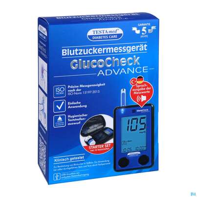 Sie sehen eine Packung Diagnostika U.zubehoer Blutzuckermessgeraet Testamed Advance Mg/dl Mmol/l 1st, Produktbild: 03 Diagnostika U.zubehoer Blutzuckermessgeraet Testamed Advance Mg/dl Mmol/l 1st, A-Nr.: 5441140 - 03