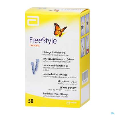 Sie sehen eine Packung Diagnostika U.zubehoer Freestyle Lanzetten -basu 28-gauge 50stk C1 70 1pk, Produktbild: 01 Diagnostika U.zubehoer Freestyle Lanzetten -basu 28-gauge 50stk C1 70 1pk, A-Nr.: 5566203 - 01