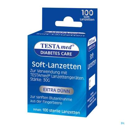 Sie sehen eine Packung Diagnostika U.zubehoer Testamed Advance Softlanzetten 100st, Produktbild: 02 Diagnostika U.zubehoer Testamed Advance Softlanzetten 100st, A-Nr.: 5441163 - 02