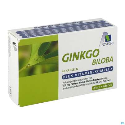 Sie sehen eine Packung Ginkgo Kapseln 100mg +b1+c+e Avi 48st, Produktbild: 03 Ginkgo Kapseln 100mg +b1+c+e Avi 48st, A-Nr.: 3831256 - 03