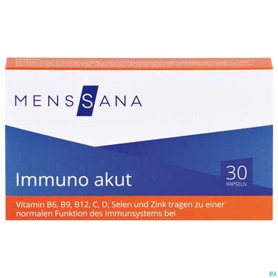 Sie sehen eine Packung Immuno Kapseln Menssana Akut 30st, Produktbild: 01 Immuno Kapseln Menssana Akut 30st, A-Nr.: 3484406 - 01