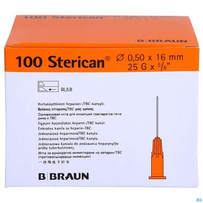 Sie sehen eine Packung Injektionsspritzen U.zubeh. Einmalkanuelen Braun/sterican/heparin G25x5/8 0,50x16mm 46578 100st, Produktbild: 01 Injektionsspritzen U.zubeh. Einmalkanuelen Braun/sterican/heparin G25x5/8 0,50x16mm 46578 100st, A-Nr.: 3048562 - 01