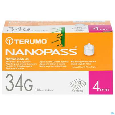 Sie sehen eine Packung Injektionsspritzen U.zubeh. Einmalkanuelen Terumo/nanopass 34g 0,18x 4mm 100pk, Produktbild: 01 Injektionsspritzen U.zubeh. Einmalkanuelen Terumo/nanopass 34g 0,18x 4mm 100pk, A-Nr.: 4187627 - 01