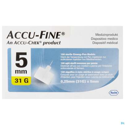 Sie sehen eine Packung Injektionsspritzen U.zubeh. Insulin Accu-fine Pen Nadeln 0,25mm(31g)/5mm 100st, Produktbild: 02 Injektionsspritzen U.zubeh. Insulin Accu-fine Pen Nadeln 0,25mm(31g)/5mm 100st, A-Nr.: 4790269 - 02