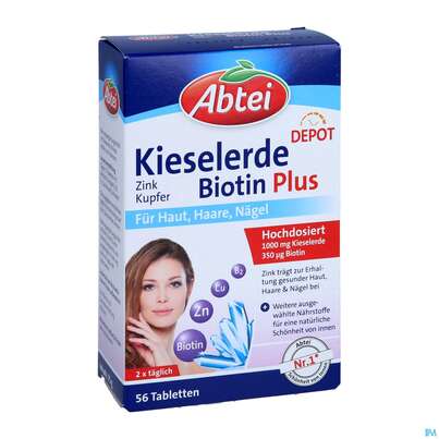 Sie sehen eine Packung Kieselerde +biotin Tabl Abtei Titandioxidfrei 50000 56st, Produktbild: 03 Kieselerde +biotin Tabl Abtei Titandioxidfrei 50000 56st, A-Nr.: 5720437 - 03