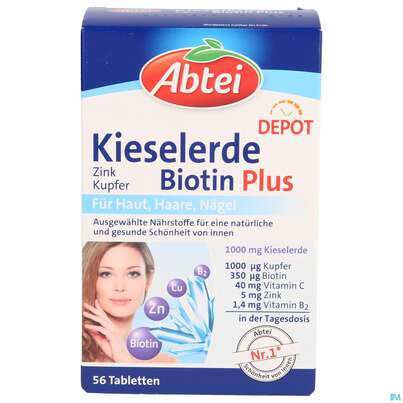 Sie sehen eine Packung Kieselerde Zink Kupfer +biotin Tabl-abtei 56st, Produktbild: 01 Kieselerde Zink Kupfer +biotin Tabl-abtei 56st, A-Nr.: 3461026 - 01