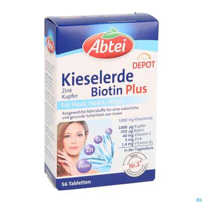 Sie sehen eine Packung Kieselerde Zink Kupfer +biotin Tabl-abtei 56st, Produktbild: 03 Kieselerde Zink Kupfer +biotin Tabl-abtei 56st, A-Nr.: 3461026 - 03