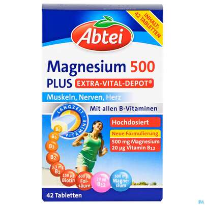 Sie sehen eine Packung Magnesium Tabl 500 Plus Abtei Extra Vital Depot 50000 42st, Produktbild: 01 Magnesium Tabl 500 Plus Abtei Extra Vital Depot 50000 42st, A-Nr.: 4797159 - 01