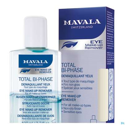 Sie sehen eine Packung Mavala Total Bi-phase-auge Augen Make Up Entferner Lotion 100ml, Produktbild: 01 Mavala Total Bi-phase-auge Augen Make Up Entferner Lotion 100ml, A-Nr.: 5576325 - 01