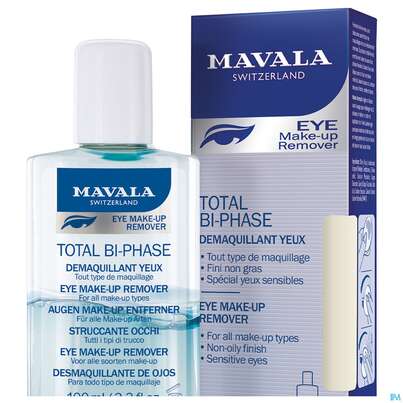 Sie sehen eine Packung Mavala Total Bi-phase-auge Augen Make Up Entferner Lotion 100ml, Produktbild: 03 Mavala Total Bi-phase-auge Augen Make Up Entferner Lotion 100ml, A-Nr.: 5576325 - 03
