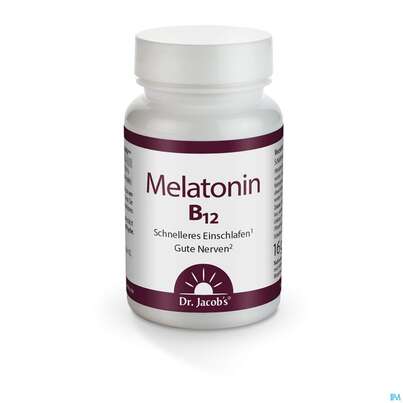 Sie sehen eine Packung Melatonin B12 Tabl Dr.jacobs 60st, Produktbild: 01 Melatonin B12 Tabl Dr.jacobs 60st, A-Nr.: 4612800 - 01