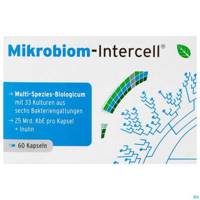 Sie sehen eine Packung Mikrobiom Intercell Kapseln Multi Spezies Biologicum 60st, Produktbild: 01 Mikrobiom Intercell Kapseln Multi Spezies Biologicum 60st, A-Nr.: 5192197 - 01