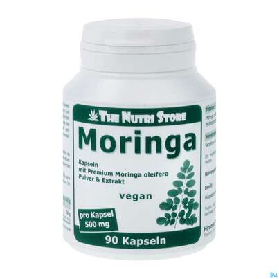 Sie sehen eine Packung Moringa Kapseln 500mg Moringa Oleifera Extrakt 90st, Produktbild: 02 Moringa Kapseln 500mg Moringa Oleifera Extrakt 90st, A-Nr.: 3893872 - 02