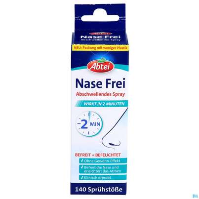Sie sehen eine Packung Nasenspray Abtei Nasefrei 2min Abschwellend 50000 20ml, Produktbild: 01 Nasenspray Abtei Nasefrei 2min Abschwellend 50000 20ml, A-Nr.: 5620977 - 01