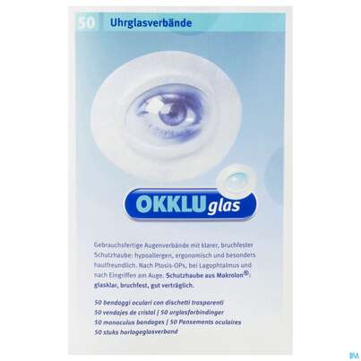 Sie sehen eine Packung Okkluglas Uhrglasverband Selbstklebend 50st, Produktbild: 01 Okkluglas Uhrglasverband Selbstklebend 50st, A-Nr.: 3747260 - 01