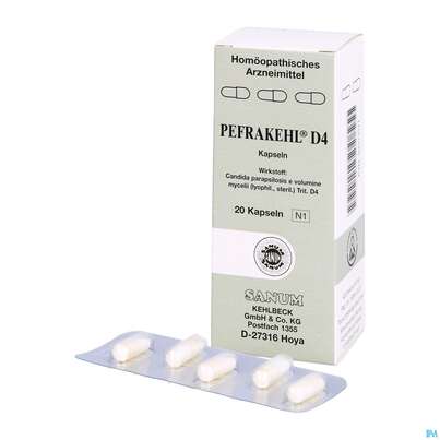 Sie sehen eine Packung Pefrakehl Kapseln D4 20st, Produktbild: 04 Pefrakehl Kapseln D4 20st, A-Nr.: 1997484 - 04