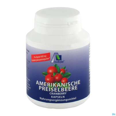 Sie sehen eine Packung Preiselbeer Kapseln Amer Avi 100st, Produktbild: 01 Preiselbeer Kapseln Amer Avi 100st, A-Nr.: 3831150 - 01