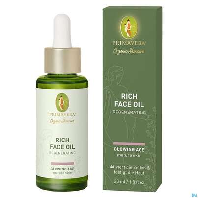 Sie sehen eine Packung Primavera Glowing Age Rich Face Oil Regenerating 30ml, Produktbild: 03 Primavera Glowing Age Rich Face Oil Regenerating 30ml, A-Nr.: 5660422 - 03
