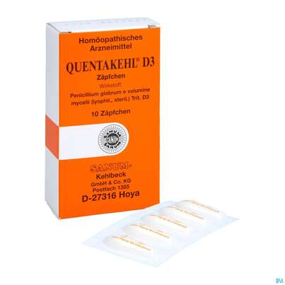 Sie sehen eine Packung Quentakehl Suppositorium D3 10st, Produktbild: 05 Quentakehl Suppositorium D3 10st, A-Nr.: 2402783 - 05