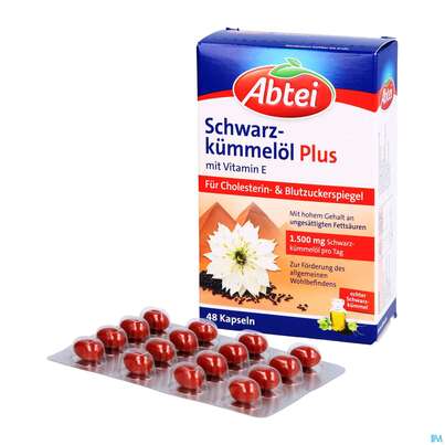 Sie sehen eine Packung Schwarzkuemmeloel Kapseln Abtei 50000 48st, Produktbild: 04 Schwarzkuemmeloel Kapseln Abtei 50000 48st, A-Nr.: 5331888 - 04