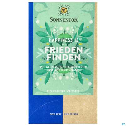 Sie sehen eine Packung Sonnentor Tee/bio Happiness Is Tee Friede Finden 02587 18st, Produktbild: 01 Sonnentor Tee/bio Happiness Is Tee Friede Finden 02587 18st, A-Nr.: 4899233 - 01