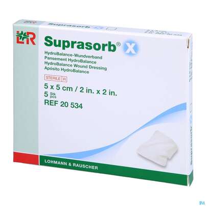 Sie sehen eine Packung Suprasorb/x Hydrobalance Wundverband Kompresse 5x 5cm 5st, Produktbild: 02 Suprasorb/x Hydrobalance Wundverband Kompresse 5x 5cm 5st, A-Nr.: 3065170 - 02