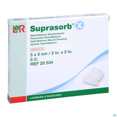 Sie sehen eine Packung Suprasorb/x Hydrobalance Wundverband Kompresse 5x 5cm 5st, Produktbild: 03 Suprasorb/x Hydrobalance Wundverband Kompresse 5x 5cm 5st, A-Nr.: 3065170 - 03