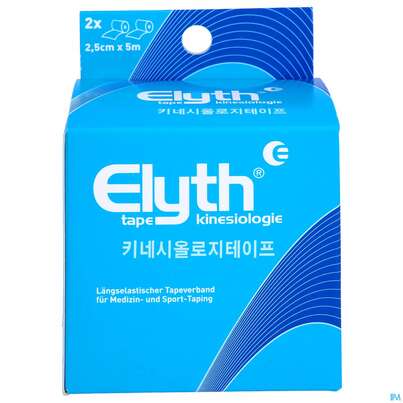 Sie sehen eine Packung Tape Elyth Kinesiotape-verband 2,5cmx 5m Blau 2st, Produktbild: 01 Tape Elyth Kinesiotape-verband 2,5cmx 5m Blau 2st, A-Nr.: 3267293 - 01