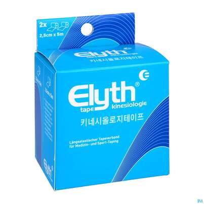 Sie sehen eine Packung Tape Elyth Kinesiotape-verband 2,5cmx 5m Blau 2st, Produktbild: 03 Tape Elyth Kinesiotape-verband 2,5cmx 5m Blau 2st, A-Nr.: 3267293 - 03