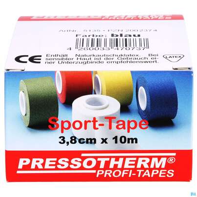 Sie sehen eine Packung Tape Pressotherm/sport-tape 3,8cmx 10m Reissfest Hautvertraegl Blau 1st, Produktbild: 01 Tape Pressotherm/sport-tape 3,8cmx 10m Reissfest Hautvertraegl Blau 1st, A-Nr.: 4251182 - 01