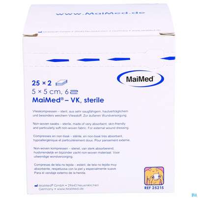 Sie sehen eine Packung Vlieskompressen 6fach Steril 5x 5cm Maimed Vk 2x25 50st, Produktbild: 01 Vlieskompressen 6fach Steril 5x 5cm Maimed Vk 2x25 50st, A-Nr.: 4829126 - 01