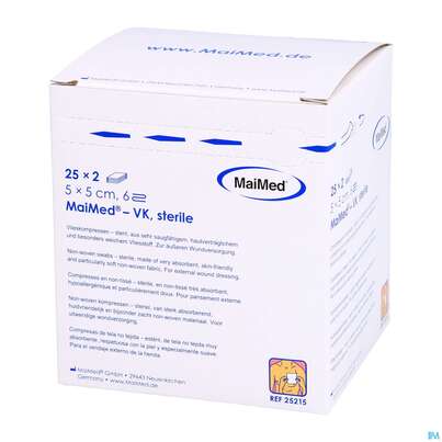Sie sehen eine Packung Vlieskompressen 6fach Steril 5x 5cm Maimed Vk 2x25 50st, Produktbild: 02 Vlieskompressen 6fach Steril 5x 5cm Maimed Vk 2x25 50st, A-Nr.: 4829126 - 02