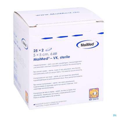 Sie sehen eine Packung Vlieskompressen 6fach Steril 5x 5cm Maimed Vk 2x25 50st, Produktbild: 03 Vlieskompressen 6fach Steril 5x 5cm Maimed Vk 2x25 50st, A-Nr.: 4829126 - 03