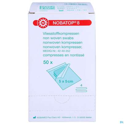 Sie sehen eine Packung Vlieskompressen Nobatop Steril 4fach 5x 5cm 50x2 100st, Produktbild: 01 Vlieskompressen Nobatop Steril 4fach 5x 5cm 50x2 100st, A-Nr.: 5381225 - 01