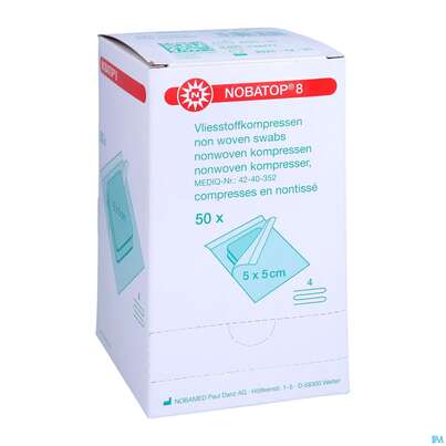 Sie sehen eine Packung Vlieskompressen Nobatop Steril 4fach 5x 5cm 50x2 100st, Produktbild: 03 Vlieskompressen Nobatop Steril 4fach 5x 5cm 50x2 100st, A-Nr.: 5381225 - 03