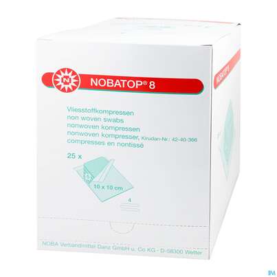 Sie sehen eine Packung Vlieskompressen Nobatop/8 Steril 4fach 10x 10cm 5er Set 25x5 125st, Produktbild: 01 Vlieskompressen Nobatop/8 Steril 4fach 10x 10cm 5er Set 25x5 125st, A-Nr.: 5826779 - 01