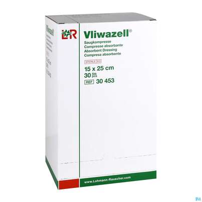 Sie sehen eine Packung Vliwazell Saugkompresse Steril 15x 25cm 30st, Produktbild: 01 Vliwazell Saugkompresse Steril 15x 25cm 30st, A-Nr.: 3588956 - 01