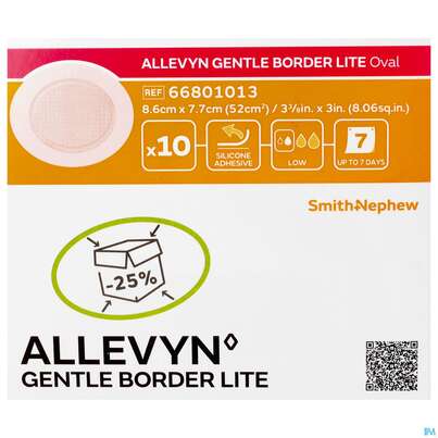 Sie sehen eine Packung Wundauflagen Allevyn Gentle Border Lite Oval 8,6x 7,7cm 10st, Produktbild: 01 Wundauflagen Allevyn Gentle Border Lite Oval 8,6x 7,7cm 10st, A-Nr.: 4020442 - 01
