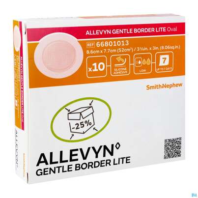 Sie sehen eine Packung Wundauflagen Allevyn Gentle Border Lite Oval 8,6x 7,7cm 10st, Produktbild: 02 Wundauflagen Allevyn Gentle Border Lite Oval 8,6x 7,7cm 10st, A-Nr.: 4020442 - 02