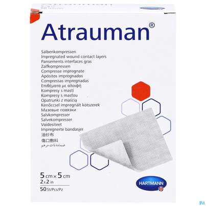 Sie sehen eine Packung Wundauflagen Atrauman Salbenvlies Wirkstofffr Steril 5x 5cm 50st, Produktbild: 01 Wundauflagen Atrauman Salbenvlies Wirkstofffr Steril 5x 5cm 50st, A-Nr.: 1708876 - 01